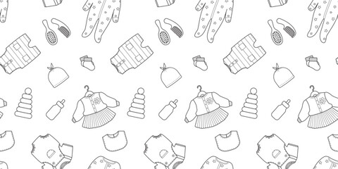 Horizontal seamless pattern with doodle outline of baby clothes and newborn accessories. Minimalistic vector illustration of the background for the website