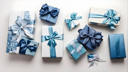Isolated on a white background with empty space, a top view of blue and white giftboxes with a blue satin ribbon bow