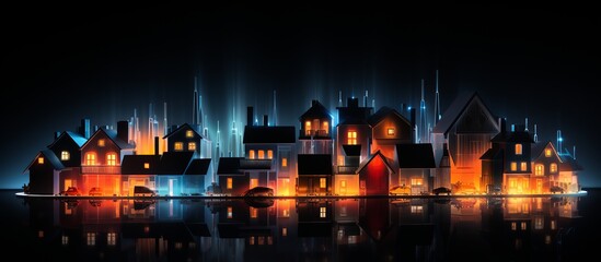 Fototapeta na wymiar Night city with houses and reflection on the water