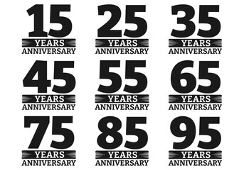 Anniversary icon or logo set. 15, 25, 35, 45, 55, 65, 75, 85, 95 years. Birthday celebrating, invitation, jubilee design element. Vector illustration. - obrazy, fototapety, plakaty