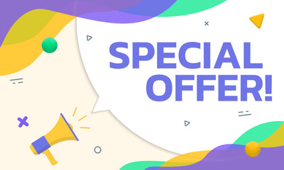 Special offer banner. Sale, promotion banner or poster concept with abstract background, megaphone and speech bubble. Vector illustration.