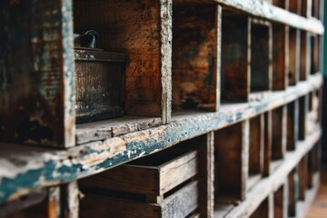 Fototapeta na wymiar Rustic Dusty Wooden Shelves: A Derelict Display of Empty Crates and Boxes