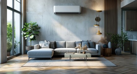 Stylish Living Room: Air Conditioner for a Cool and Comfortable Home - obrazy, fototapety, plakaty