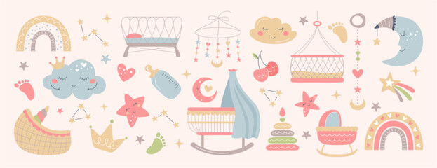 Boho baby objects in Scandinavian style. Nursery room decor with cute moon, clouds, stars, rainbow and cradle. Kids clipart set for newborn. Bohemian simple bohemian elements for bedroom interior.