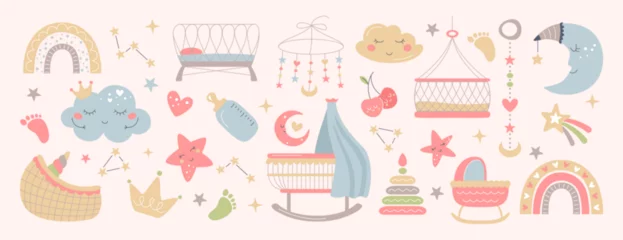 Deurstickers Boho baby objects in Scandinavian style. Nursery room decor with cute moon, clouds, stars, rainbow and cradle. Kids clipart set for newborn. Bohemian simple bohemian elements for bedroom interior. © redgreystock