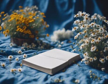 A diary with white pages for notes on a fabric blue background in a minimalist style. Aesthetic photo of a diary on a blue background among flowers