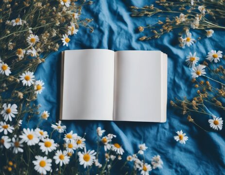 A diary with white pages for notes on a fabric blue background in a minimalist style. Aesthetic photo of a diary on a blue background among flowers