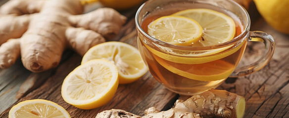  A glass cup of ginger tea with lemon slices on a wooden table, closeup view. A portrait of a healthy drink for treatment with copy space. 