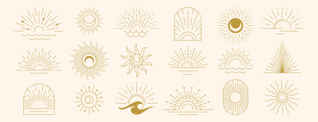 Vector set of linear boho moon, sunset and light rays. Hand drawn sunburst, golden outline sun line art icons in minimal bohemian style. Mystic magic esoteric symbols, celestial logo design elements.