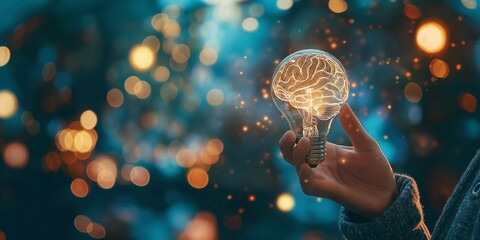 Entrepreneur grasping half of a virtual lightbulb and brain against a blue bokeh background. Innovative concept of inspiration and clever thinking.
