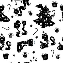 Obraz premium Seamless pattern silhouette character christmas snake hand drawn