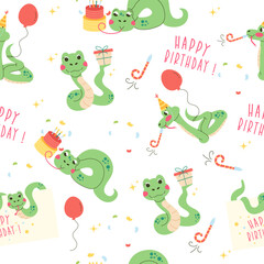 Seamless pattern character birthday snake hand drawn