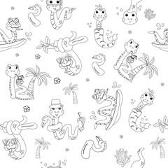 Seamless pattern color book outline cartoon character summer snake