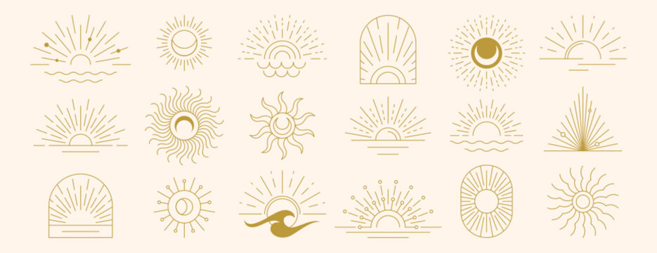 Vector set of linear boho moon, sunset and light rays. Hand drawn sunburst, golden outline sun line art icons in minimal bohemian style. Mystic magic esoteric symbols, celestial logo design elements.