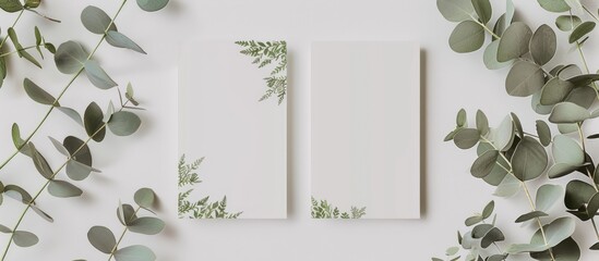 Two mockups of wedding invitation cards sized at 5x7 on a neutral grey background featuring eucalyptus leaves. Additionally, a minimal blank card mockup for a bridal shower, a thank you card,