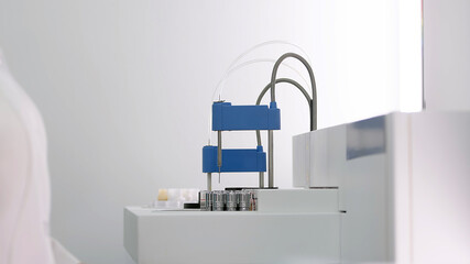 Blood samples in a modern automatic device for analyzing blood biochemical parameters. Professional biotechnological laboratory research.