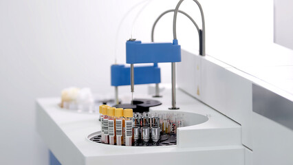 Blood samples in a modern automatic device for analyzing blood biochemical parameters. Professional...