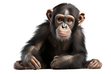 Chimpan Sitting on Ground With Hands on Knees. On a Clear PNG or White Background.