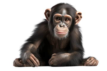 Chimpan Sitting on Ground With Hands on Knees. On a Clear PNG or White Background.