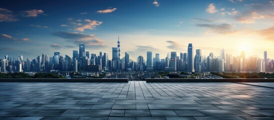 Empty square floor and city skyline with building background - obrazy, fototapety, plakaty