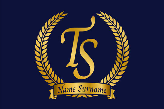 Initial letter T and S, TS monogram logo design with laurel wreath. Luxury golden calligraphy font.