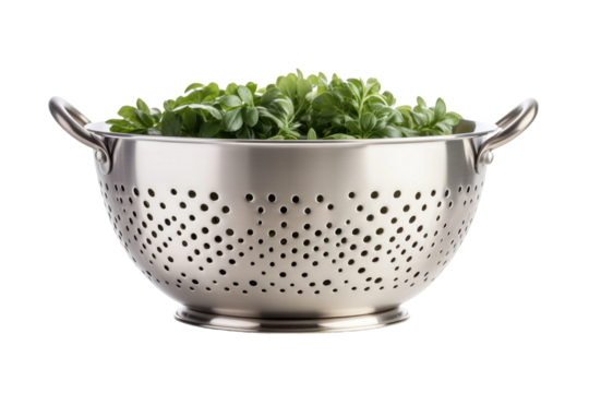Metal Colander With Plant. On a Clear PNG or White Background.