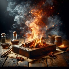 The primal dance of flames on wooden logs creates an atmosphere of ancient mysticism. Sparks fly as if weaving spells, surrounded by the dark alchemy of aromatic smoke and glowing embers. AI