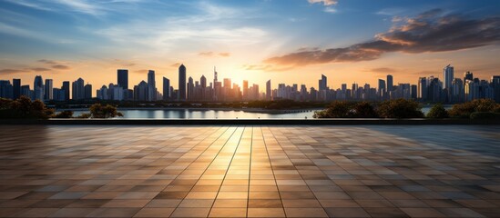 Empty floor and modern city skyline with building at sunset - obrazy, fototapety, plakaty