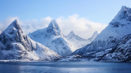 Fototapeta na wymiar A ship in Norway passes by frozen mountains near the Arctic Circle.
