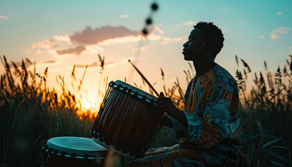 A man sits in the grass with a drum in front of him - obrazy, fototapety, plakaty