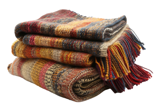 Stack of Multicolored Blankets. On a Clear PNG or White Background.