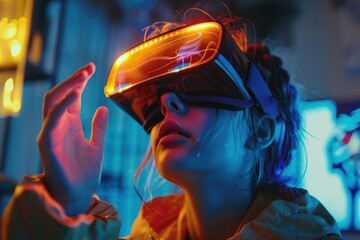 Fototapeta na wymiar A woman wearing a virtual reality headset is looking at a screen. Concept of excitement and anticipation as the woman prepares to immerse herself in a new experience