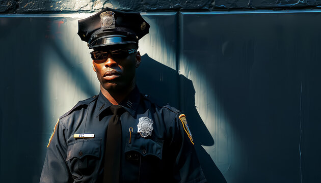 A police officer stands in front of a wall, wearing a hat and sunglasses