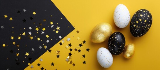 Easter-themed backdrop featuring vibrant eggs and yellow tulips on a white wooden surface. Image captured from above with space for text. - obrazy, fototapety, plakaty