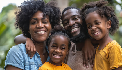 A family of four, two adults and two children, are smiling