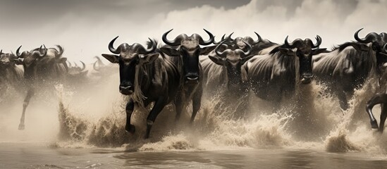 Wildebeest crossing the Mara River during the annual great migration - obrazy, fototapety, plakaty