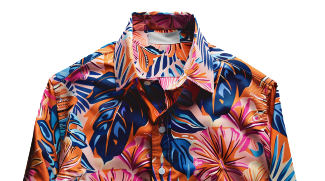 A trendy men's printed shirt, adding a pop of personality to any outfit, its bold pattern and crisp collar highlighted against a seamless white background