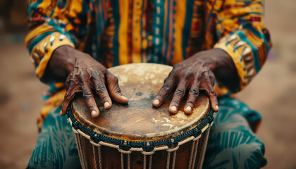 A man is playing a drum with his hands - obrazy, fototapety, plakaty