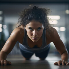 Fototapeta na wymiar Portrait of a beautiful young woman doing push-ups in the gym