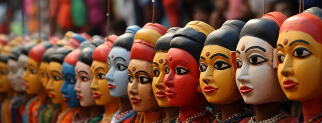 Obraz premium wide background banner of Colorful human face mask dummies hanging on streets in Hindu cultural event Dussehra festival