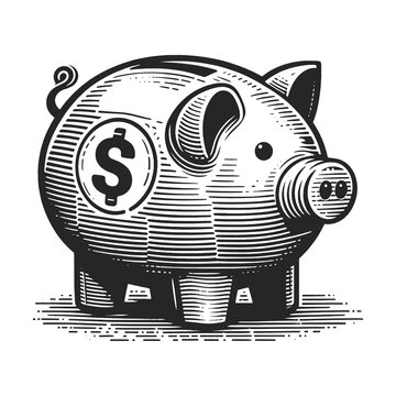 piggy bank with a dollar coin, symbolizing savings and investment sketch engraving generative ai raster illustration. Scratch board imitation. Black and white image.