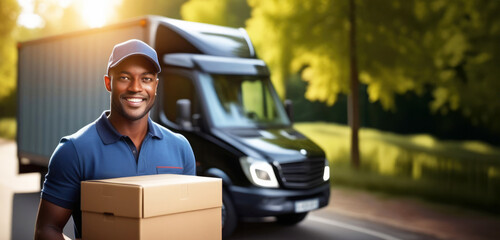 Banner with smiling dark-skinned driver holding delivery box on truck background with space for text. Transportation of goods, delivery, industrial cargo, freight. Logistics, supply chain of goods
