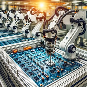 Multiple robotic arms work in unison on an assembly line, precisely installing components onto circuit boards. The automation showcases the synergy between technology and industrial progress. AI