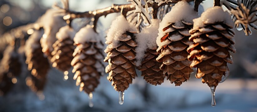 frozen pine cones hanging from snowy branches . 