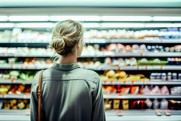 Supermarket and grocery store. Woman shopping for food. Shelf with product. Customer in market aisle. Person comparing cold produce choice and variety in freezer. Retail business. Happy consumer.