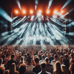 The energy of a live concert is palpable in this vibrant image, with a crowd of music fans bathed in the glow of stage lights. Enthusiastic concertgoers raise their hands in unison, celebrating the