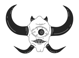 One eyed demon with horns black and white 2D line cartoon character. Terrifying evil creature. Angry cyclops isolated vector outline personage. Horror videogame monochromatic flat spot illustration