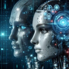 Side-by-side, a human-like android and its reflection showcase intricate cybernetic design. The concept highlights the blend of technology and humanity in AI development. AI generation