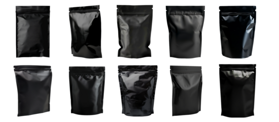 Various black matte packaging pouches, cut out transparent