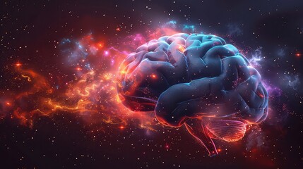 abstract human brain in space with stars and nebula background